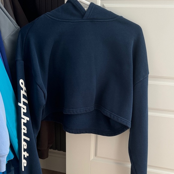 Alphalete Tops - Alphalete Navy Cropped Hoodie with Sleeve Script